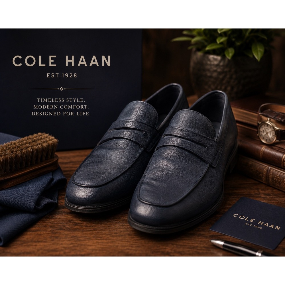 Cole Haan Men's Blue Leather Penny Loafers Slip-On Shoes Size 8